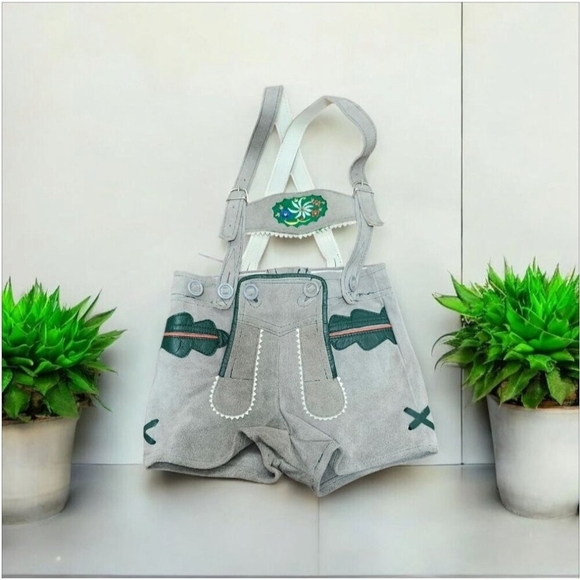 80s Leather Lederhosen Brown/Grey with Green and Red Leather Piping Details - Picture 10 of 11